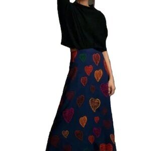 Farm Rio Anthropologie Midi Skirt Hearts Leaves Colorful NWT Size XXS